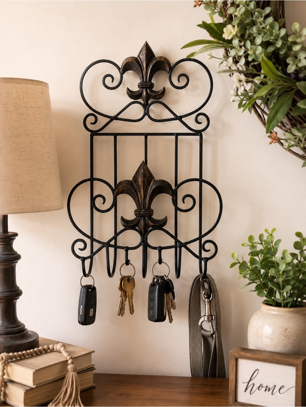 Fleur De Lis Wall Key Holder Rack Black Metal Scroll Decor 5 Hook Farmhouse